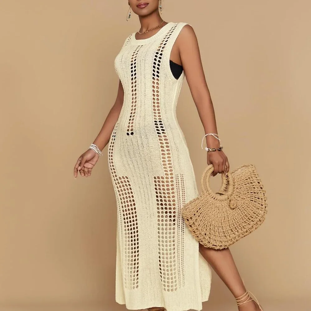 Women’s Crochet Beach Cover Up Sleeveless Summer Knit Swimwear Coverup - Picture 6 of 6